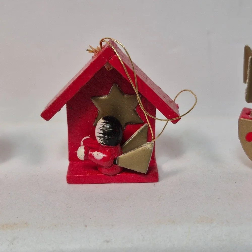 Vintage Miniature Angel Ornaments Lot Of 10 Mini Wooden Red Gold Christmas